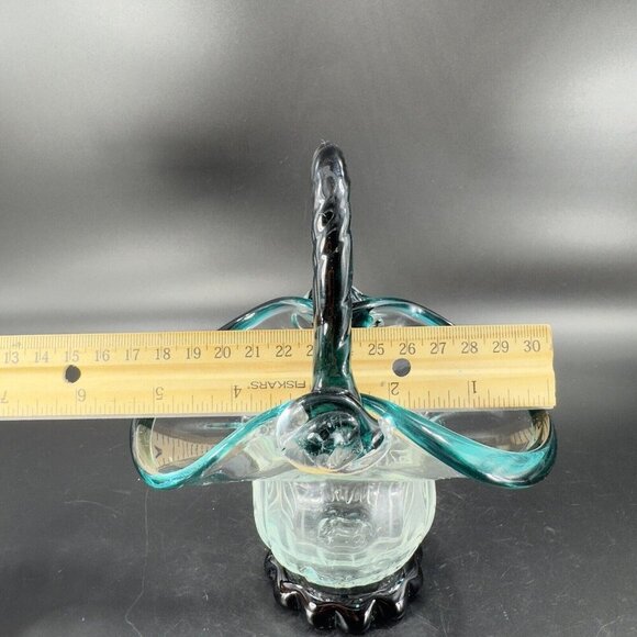 Hand Blown Glass Basket Bowl With Dark Green Edges Handle And Clear Center VTG - Picture 5 of 15